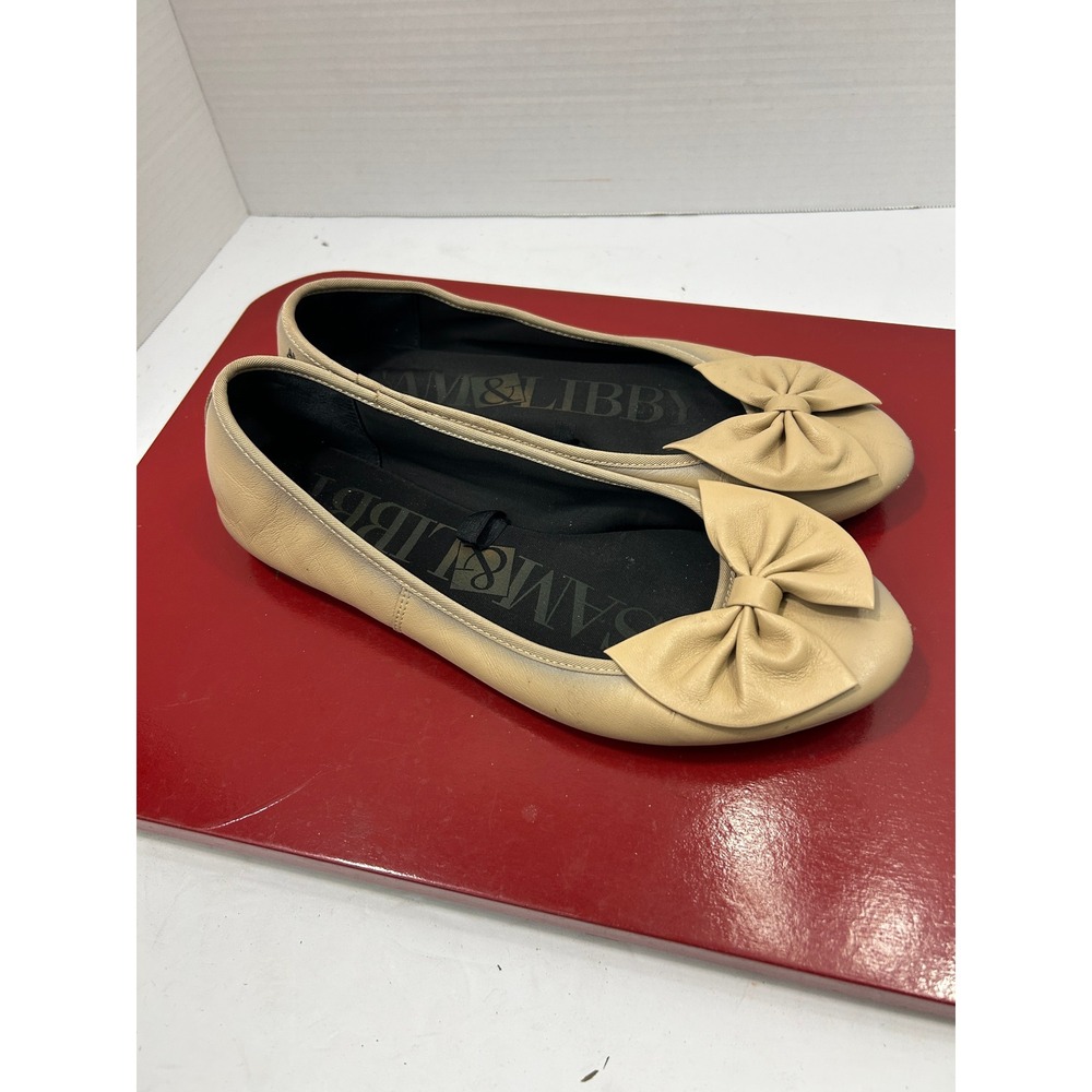 Sam & Libby Bow Ballet Flats 9 Beige Leather Slip On Balletcore Coquette Chic